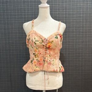 HEMANT & NANDITA Peach Floral Lace-Up Peplum Cami